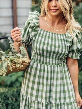JessaKae Green and White Gingham Smocked Maxi Dress ~ Large